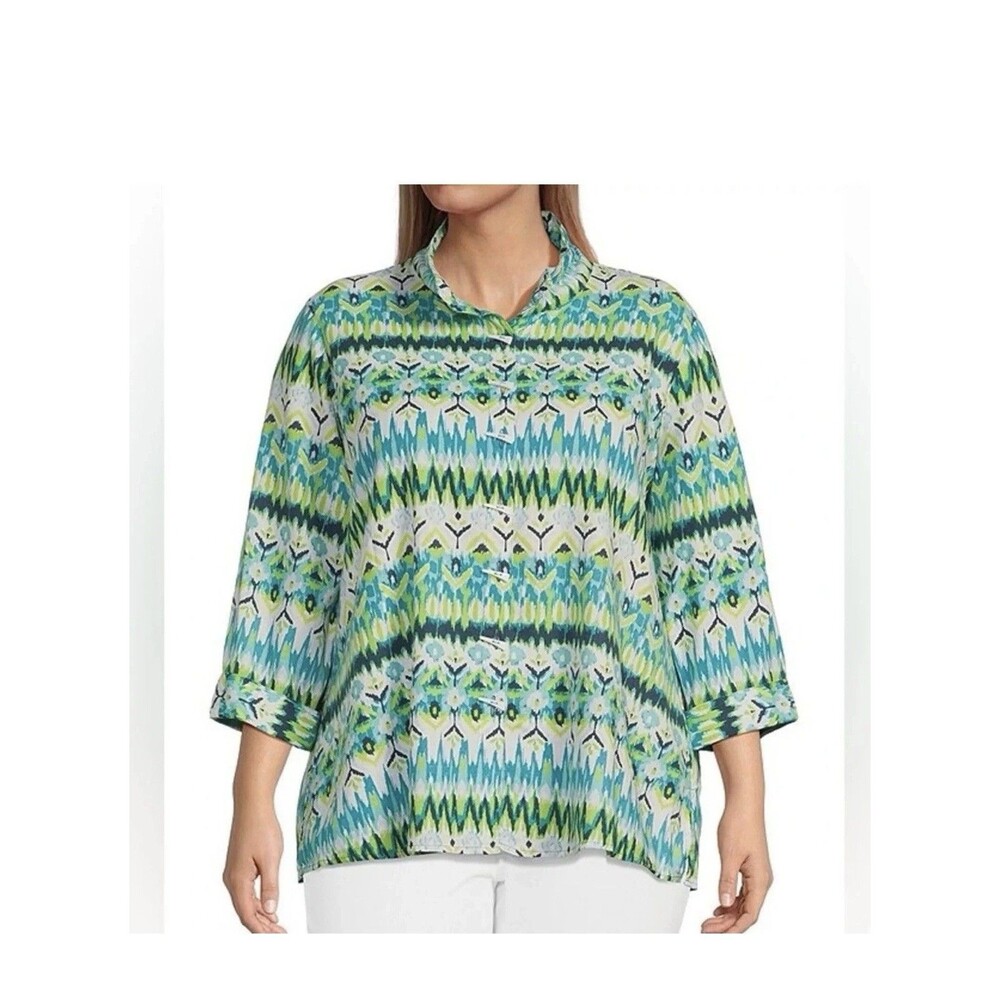 Ali Miles Linen Shirt Size 2X Wearable Art to Wear Shirt Top Boxy Blouse Aztec